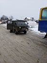 Old soviet union UAZ car that transportate people to Dragobrat resort in off-road Royalty Free Stock Photo