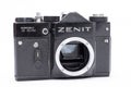 Old Soviet Zenit TTL 35 mm film camera isolated on white