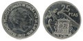 Old Spanish coin of 25 pesetas, Francisco Franco Royalty Free Stock Photo
