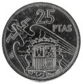 Old Spanish coin of 25 pesetas, Francisco Franco, 1957, 74 in the star