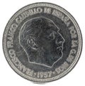 Old Spanish coin of 5 pesetas with the portrait of Francisco Franco