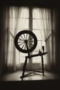 Old Spinning Wheel in Window Well