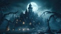 Old spooky gloomy castle at misty Halloween night, haunted place in full moon. Scenery of dark Gothic mansion in mystic fog, scary
