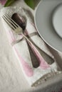 Old Spoon and Fork on Rolled Table Napkin Royalty Free Stock Photo