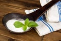 Old spoon with fresh stevia leaf