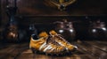 Old sport football shoes on a wooden background. Vintage style soccer boots