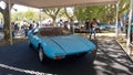 Old sport sky blue 1979 De Tomaso Pantera in a park. Autoclasica 2022 classic car show Royalty Free Stock Photo