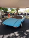 Old sport sky blue 1979 De Tomaso Pantera in park. Nature, trees. Autoclasica 2022 classic car show Royalty Free Stock Photo