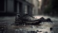 Old sports shoe ruined by rain and mud, unhygienic and dirty generated by AI