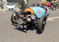 old sporty blue Morgan three wheeler British motorcycle. Racing.1930s. Expo Warnes 2021 classic cars