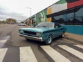 old sporty 1970s Dodge Polara RT coupe in the street. Industrial background. Classic car show. Royalty Free Stock Photo