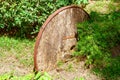 An old wrecked cart with huge wooden wheels. Turkey. Royalty Free Stock Photo