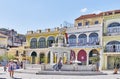 Old Square, Havana, Cuba. White carrara marble fountain. Colonial mansions in background.