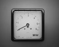 Square industrial wattmeter with the scale measured in milliwatts with an analogue dial and scale on a grey background