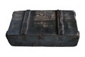 Old square wooden crate, with lid closed and isolated on white background with clipping path. Royalty Free Stock Photo