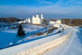 Old St. George Monastery, January day aerial photography. Veliky Novgorod, Russia