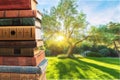 Old stacked books on blurred background Royalty Free Stock Photo