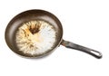 old stained aluminium pan with burnt fat and peeled off TFE non-stick coating and burnt fat isolated Royalty Free Stock Photo