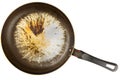 old stained aluminium pan with burnt fat and peeled off TFE non-stick coating and burnt fat in flat lay perspective Royalty Free Stock Photo