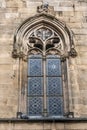 Old stained glass arched window of the Capella de Santa Llucia chapel Royalty Free Stock Photo