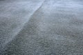 Old, stained, and wrinkled blue carpet poses a tripping hazard, home interior