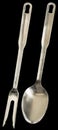 Old Stainless Steel Cutlery Meat Carving Fork With Serving Spoon Isolated On Black Background