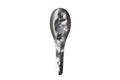 The old stainless steel spoon is dubbed and dirty isolated on white background.