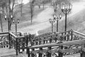 Old staircase. Old wooden staircase with wrought iron elements. Old ladder in the park. City Chernigov. History