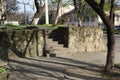 Stone steps in the wall. Way up on stairs.