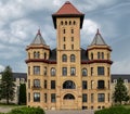 The old State Hospital against an eerie dark sky in Fergus Falls, Minnesota U