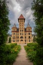 The old State Hospital against an eerie dark sky in Fergus Falls, Minnesota U