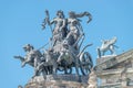 Old statue of Dionis and Aridna quadriga with four panthers on the top of the State Opera House in downtown of Dresden, Germany,