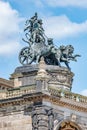 Old statue of Dionis and Aridna quadriga with four panthers on the top of the State Opera House in downtown of Dresden, Germany,