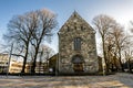 An old Stavanger cathedral building with clock tower in winter season