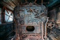 Old steam engine of abandoned steam locomotive Inside driving cabin Royalty Free Stock Photo
