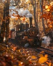 Old steam engine puffing through an autumn forest, side view Royalty Free Stock Photo