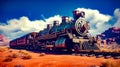Old steam engine train sitting on the tracks in the middle of nowhere. Generative AI Royalty Free Stock Photo