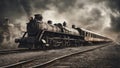 old steam locomotive apocalyptic train black and white Royalty Free Stock Photo