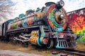 old steam locomotive with colorful graffiti artwork