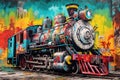 old steam locomotive with colorful graffiti artwork