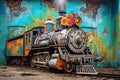 old steam locomotive with colorful graffiti artwork