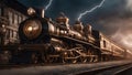 old steam locomotive in motion A Detailed hyper realistic Sinister and Colorful Magical steampunk train with lightning.