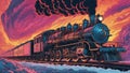 old steam locomotive in motion steam train driving through fire and ice, with lightning sinister complimentary colors, Royalty Free Stock Photo