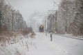 Old steam locomotive. Locomotive by rail in the winter in the woods. Winter forest. Russia Leningrad region, Gatchina district