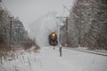 Old steam locomotive. Locomotive by rail in the winter in the woods. Winter forest. Russia Leningrad region, Gatchina district