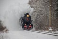 Old steam locomotive. Locomotive by rail in the winter in the woods. Winter forest. Russia Leningrad region, Gatchina district