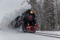 Old steam locomotive. Locomotive by rail in the winter in the woods. Winter forest. Russia Leningrad region, Gatchina district