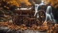 old steam locomotive Steam punk waterfall of invention, with a landscape of wooden gears and tools, with a Waterfall