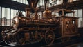 old steam locomotive a steampunk, A close up view of a steampunk train, with copper wheels, brass pipes, Royalty Free Stock Photo