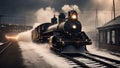 old steam locomotive steampunk train. billowing smoke. traveling, dystopian wasteland. rain.